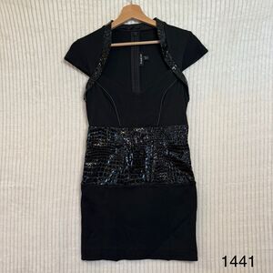 Bebe Cap Sleeve Black Zip Up Mini Dress Leather Accents Size Small